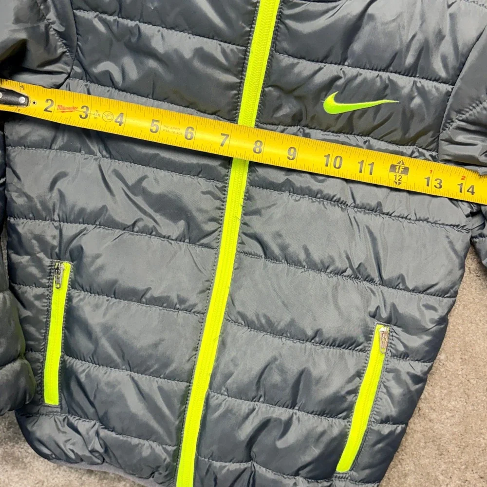 Nike Kids Puffer Jacket Grey Neon Yellow Hooded Full Zip Size 4 XS 3-4 Years